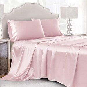 King Satin Bed Linen Set, 4Pcs Luxury Soft Silky Sheets with Deep Pocket Fitted